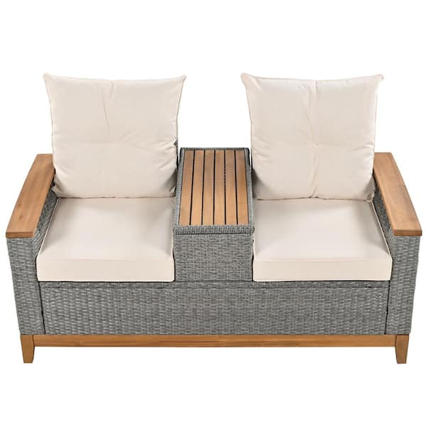Clihome Adjustable Wicker Outdoor Arm Chaise Lounge with Beige Cushions and Storage Space