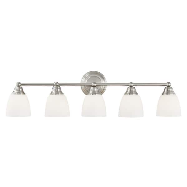 Livex Lighting Beaumont 34 in. 5-Light Brushed Nickel Vanity Light with Satin Opal White Glass
