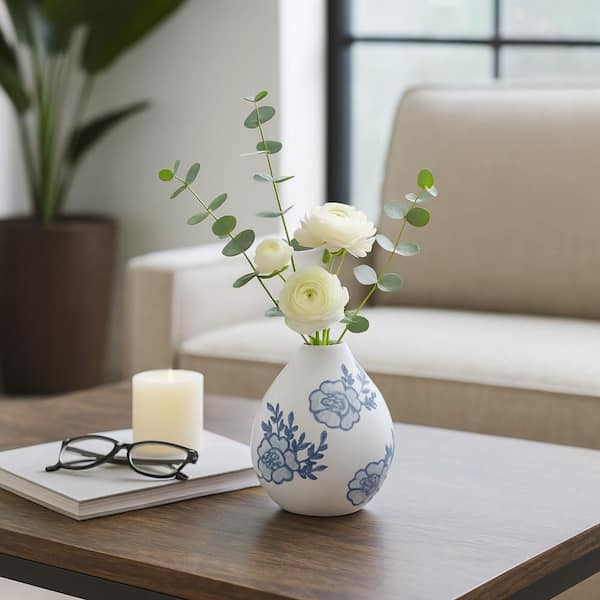 5 in. Blue/White Ceramic Chinoiserie Bud Decorative Vase