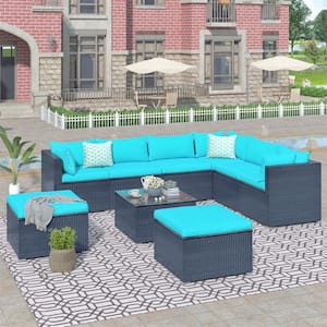 9-Piece Wicker Outdoor Sectional Sofa Sets with Blue Cushions, 3 Single Sofa, 3 Corner Sofa, 2 Ottoman, 1 Coffee Table