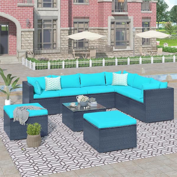 Afoxsos 9-Piece Wicker Outdoor Sectional Sofa Sets with Blue Cushions, 3 Single Sofa, 3 Corner Sofa, 2 Ottoman, 1 Coffee Table