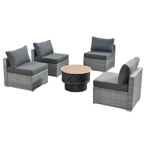 Sanibel Gray 5-Piece Wicker Outdoor Patio Conversation Sofa Chair Set with a Wood-Burning Fire Pit and Black Cushions