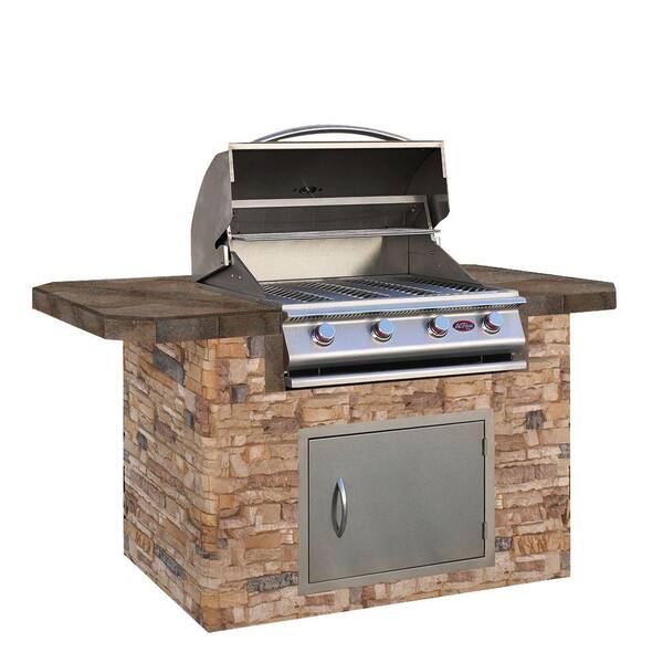 Cal Flame 6 ft. Stone Grill Island with Bar Depth Top and 4-Burner Stainless Steel Propane Gas Grill