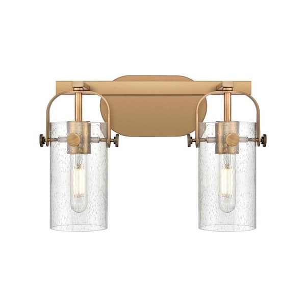 Innovations Pilaster II Cylinder 14.88 in. 2-Light Brushed Brass Vanity Light with Glass Shade