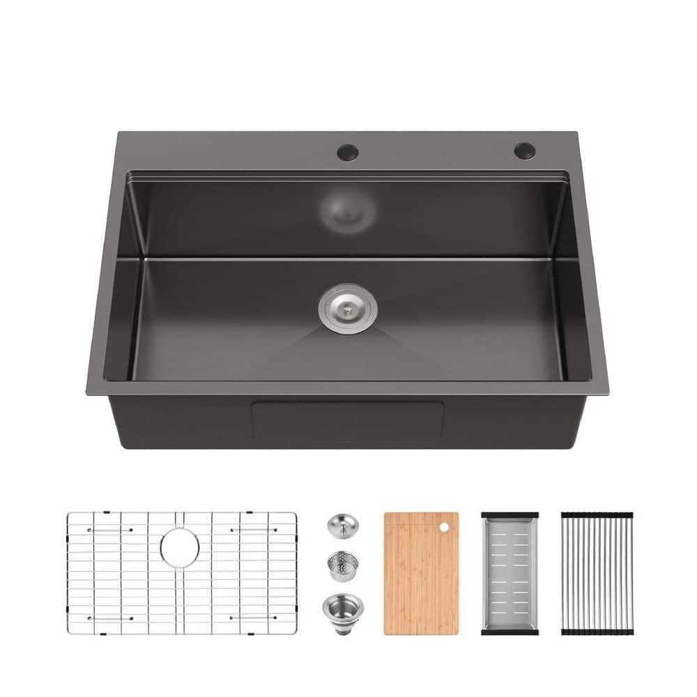 33 in. Drop-In Single Bowl 20-Gauge Black Stainless Steel Kitchen Workstation Sink with Cutting Board price history on PriceWatchPro