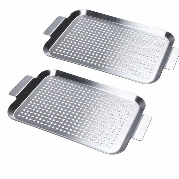 2-Piece Middle and Small Stainless Steel Nonstick Perforated Grill Pan with Holes and Handles in Silver for Vegetable