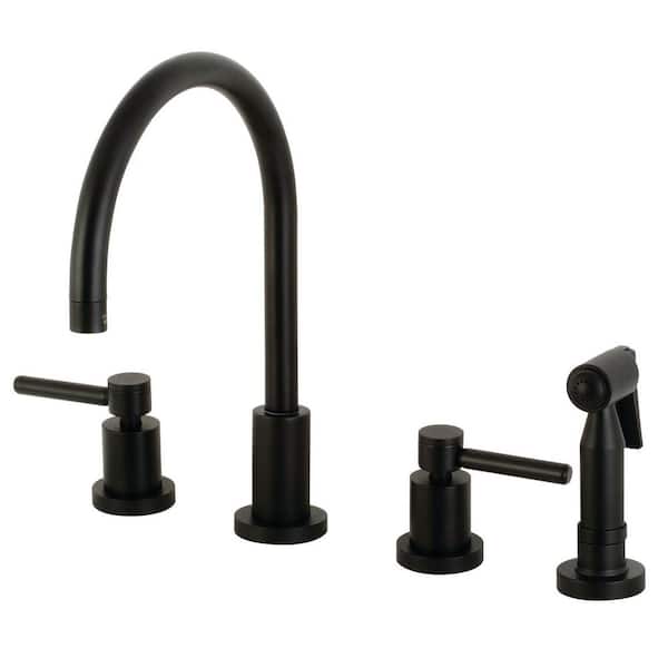 Kingston Brass Concord 2-Handle Deck Mount Widespread Kitchen Faucets with Brass Sprayer in Matte Black
