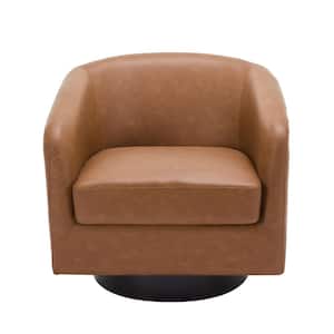 Brown PU Leather Upholstered 360°Swivel Arm Chair With Wood Base (Set of 1)
