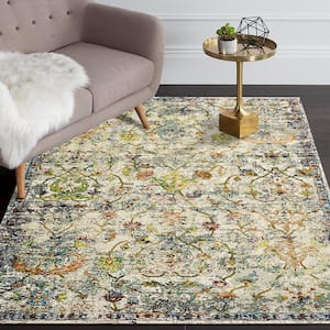 Gracie Persian Classic Victorian Green/Gray 5 ft. x 8 ft. Distressed Floral Indoor Area Rug