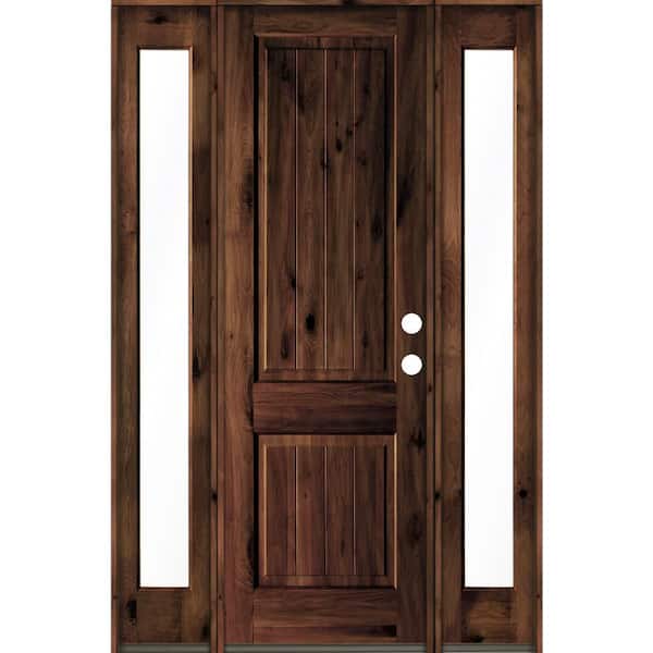 Krosswood Doors 58 in. x 96 in. Rustic Alder Square Top Red Mahogany Stained Wood with V-Groove Left Hand Single Prehung Front Door