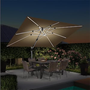 9 ft.x 12 ft. Aluminum Solar Powered LED Patio Cantilever Offset Umbrella with Stand, Beige
