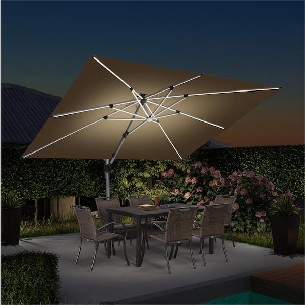 PURPLE LEAF 9 ft.x 12 ft. Aluminum Solar Powered LED Patio Cantilever Offset Umbrella with Stand, Beige