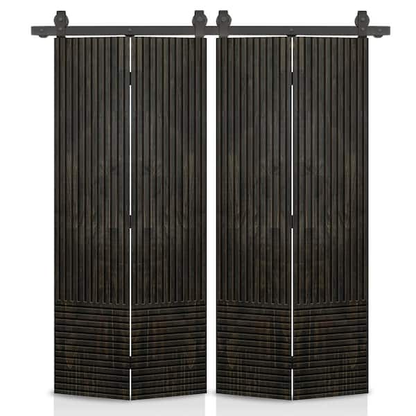 CALHOME Japanese Series 40 in. x 80 in. Hollow Core Charcoal Black Pine Wood Double Bi-Fold Barn Door with Sliding Hardware Kit