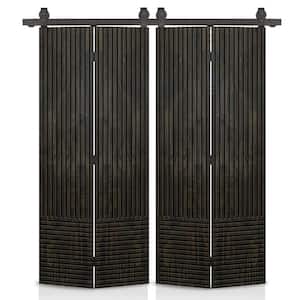 Japanese Series 72 in. x 80 in. Hollow Core Charcoal Black Pine Wood Double Bi-Fold Barn Door with Sliding Hardware Kit