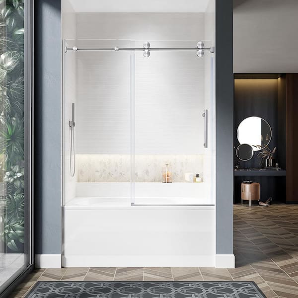 UKS04 56 to 60 in. W x 66 in. H U-Channel Sliding Frameless Bathtub Door, Brushed Nickel, 3/8 in. Opti-White Clear Glass