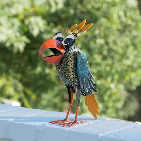 12 in. Tall Outdoor Metal Wide-Eyed Bird Standing Yard Statue Decoration, Multicolor