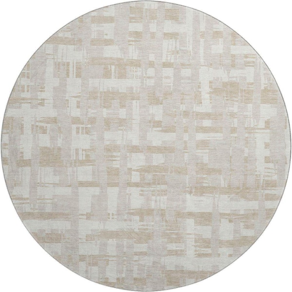 Mayfield Premium Machine Washable Abstract AMF1849 Ivory 8 ft. x 8 ft. Round Rug
