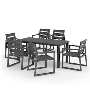 Forbes 7-Piece Dark Gray Recycled Plastic HIPS Outdoor Rectangular Dining Set With Slatted Table Top and Armchairs