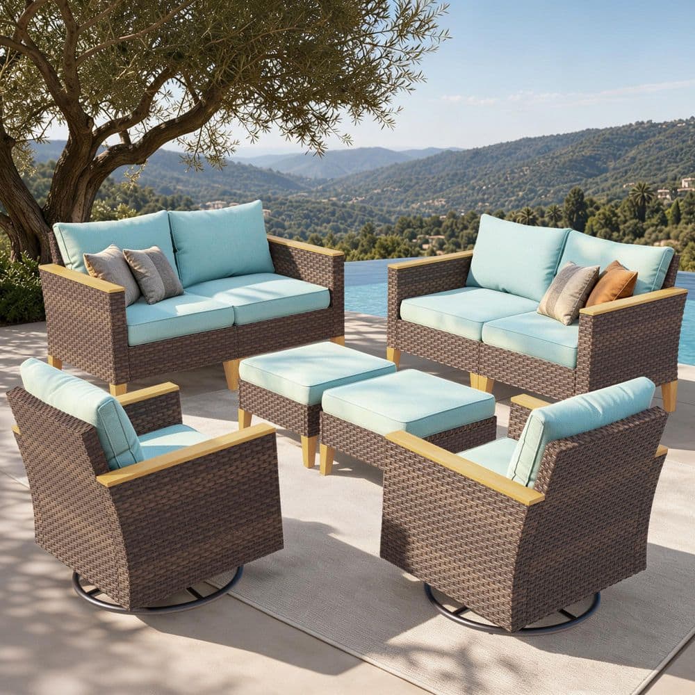 Brown Wicker Rattan 8 Seat 8-Piece Steel Outdoor Patio Conversation Set with Blue Cushion,2 Swivel Sofas and 2 Ottomans price history on PriceWatchPro