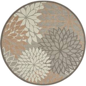 Aloha Natural 10 ft. x 10 ft. Floral Contemporary Round Indoor/Outdoor Area Rug