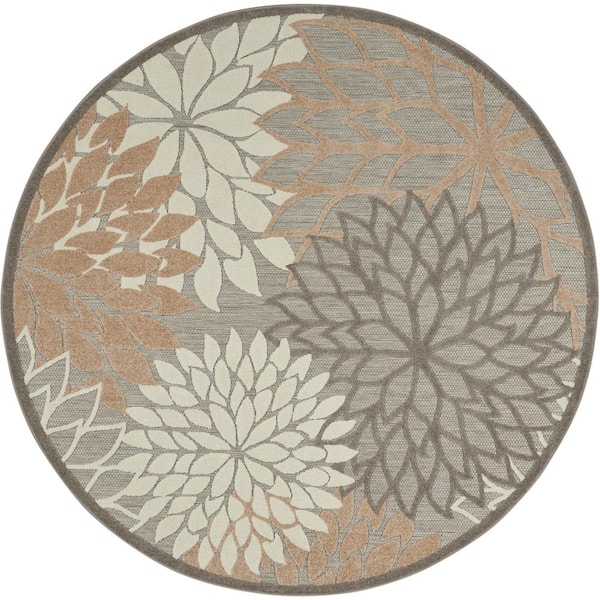 Nourison Aloha Natural 10 ft. x 10 ft. Floral Contemporary Round Indoor/Outdoor Area Rug