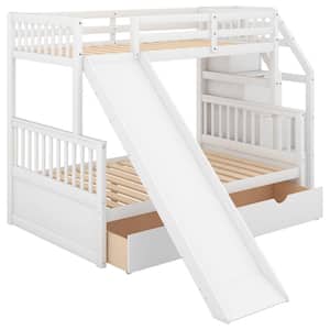 Twin Over Full Bunk Beds, Storage Low Bunk Beds with Slide and Staircase, No Box Spring Needed, White