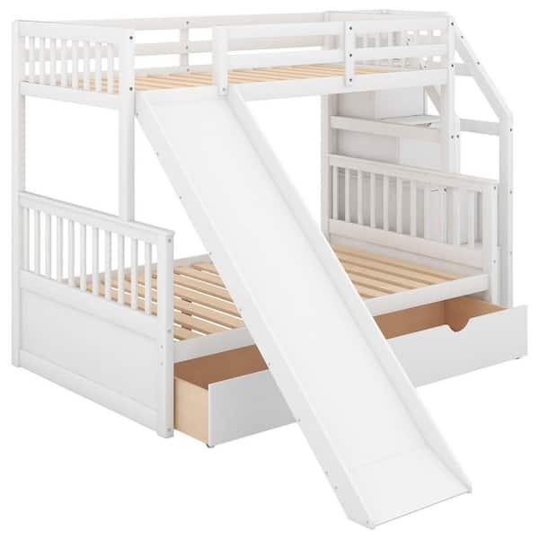 ANBAZAR Twin Over Full Bunk Beds, Storage Low Bunk Beds with Slide and Staircase, No Box Spring Needed, White