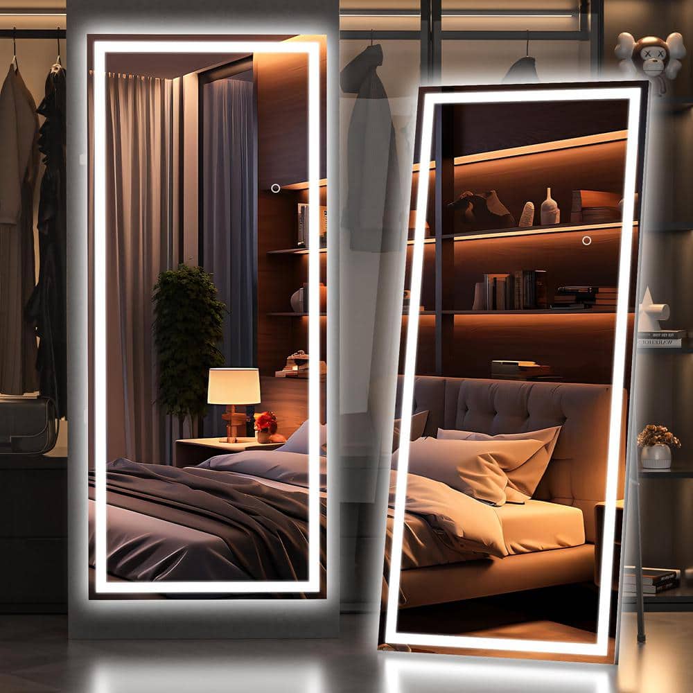 24 in. W x 67 in. H Square Black LED Lighted Floor Standing Mirror, Full Bo