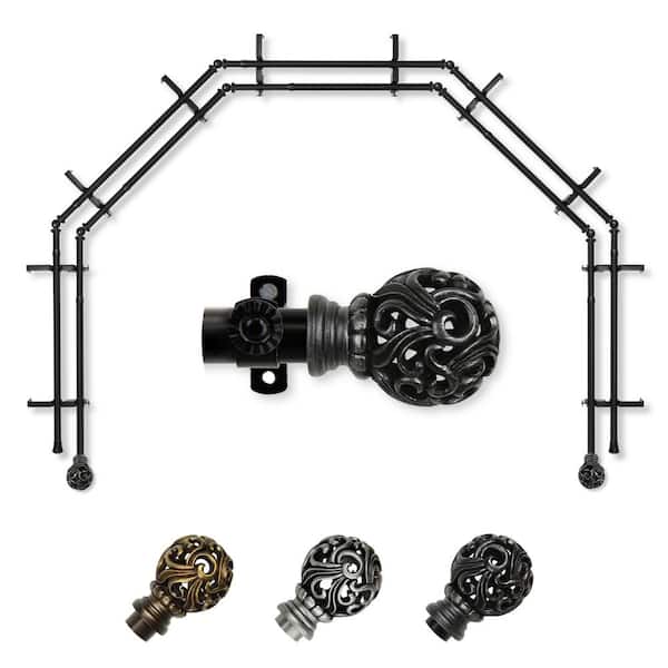 EMOH 13/16" Dia Adjustable 5-Sided Double Bay Window Curtain Rod 28 to 48" (each side) with Cruz Finials in Black
