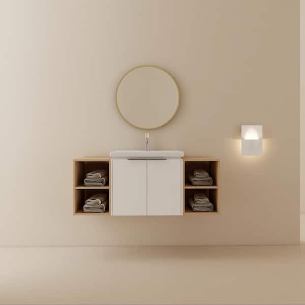 ANGELES HOME 48 in. W x 18.5 in. D x 21 in. H Wall Mounted Single Sink Bath Vanity in White with White Ceramic Top, Soft Close Doors