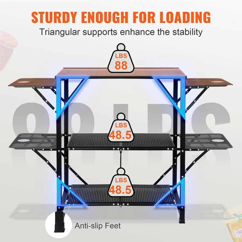 Black Aluminum Folding Camping Kitchen Table with Shelves and Carry Bag