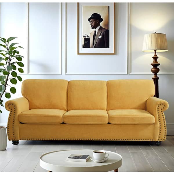 US Pride Furniture Chester 91 in.  Wide Rolled Arm Velvet Modern Rectangle Sofa in.  Yellow