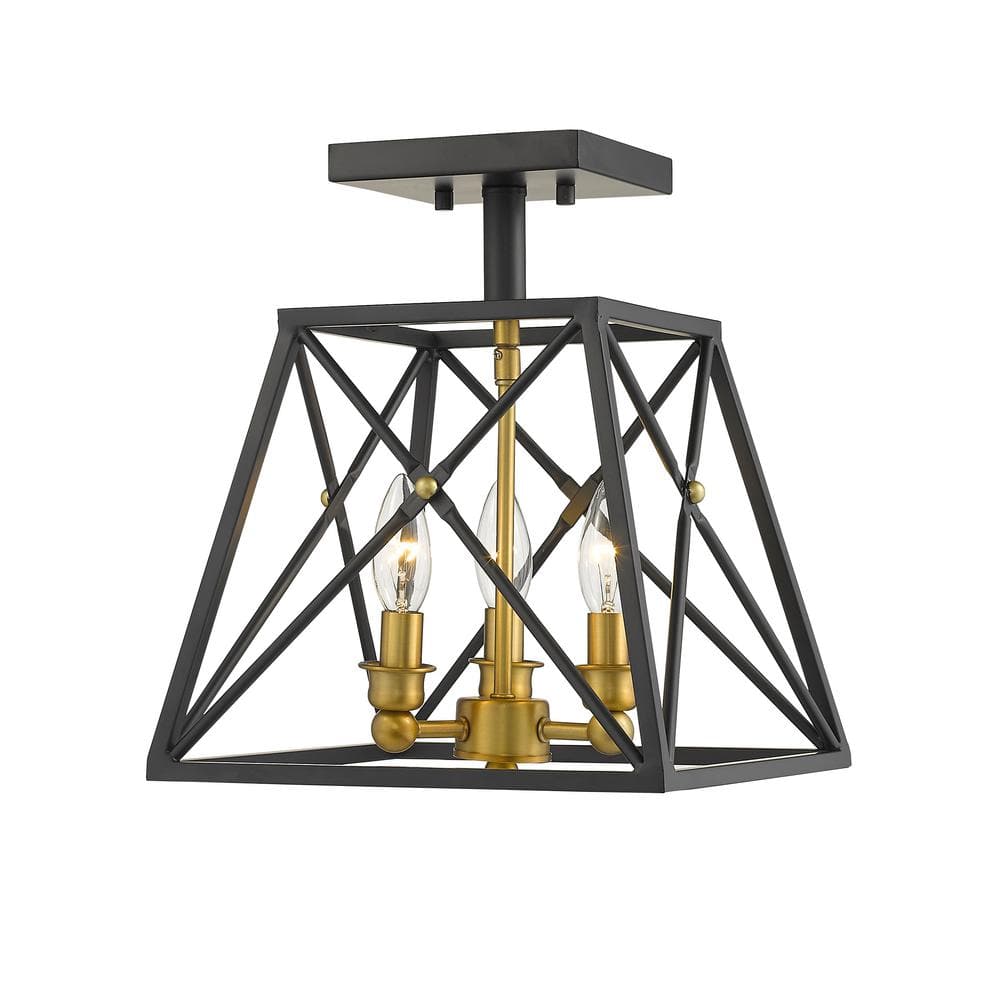 Trestle 11 in. 3-Light Matte Black and Olde Brass Semi Flush Mount Light wi