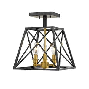 Trestle 11 in. 3-Light Matte Black and Olde Brass Semi Flush Mount Light with No Bulbs Included