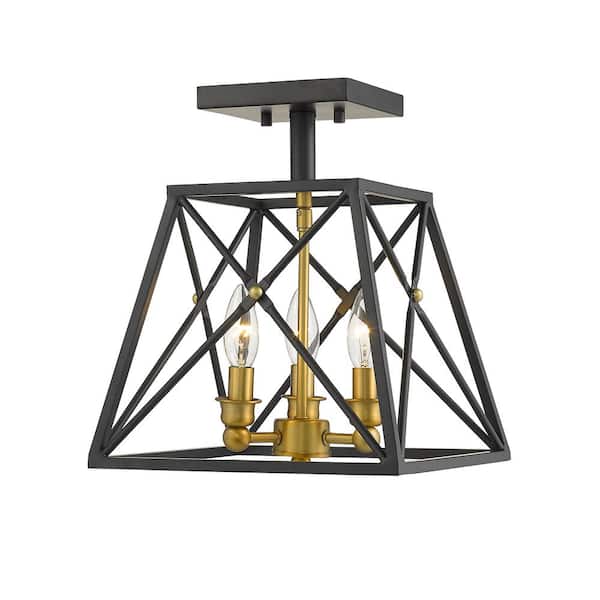 Unbranded Trestle 11 in. 3-Light Matte Black and Olde Brass Semi Flush Mount Light with No Bulbs Included