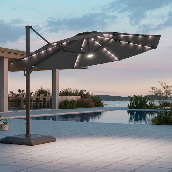 11 ft. LED Aluminum Cantilever Patio Umbrella with Outdoor Offset Rotation and a Base in Black