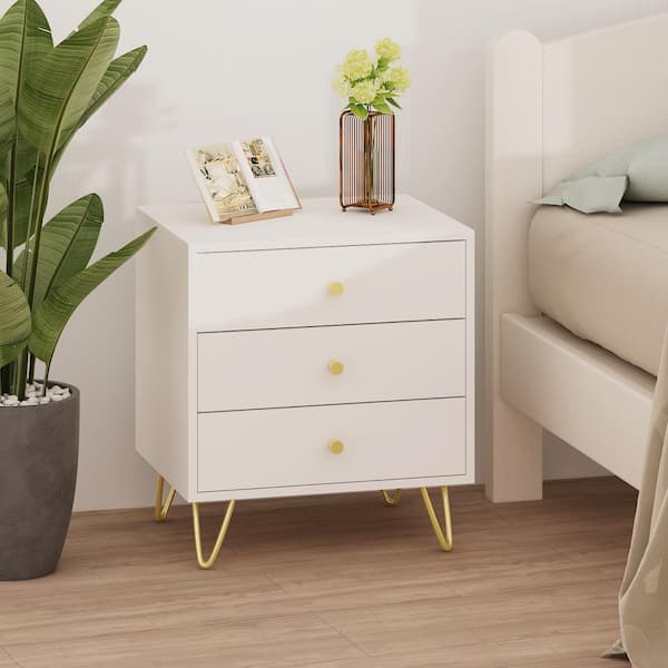 FUFU&GAGA 3-Drawer White Nightstands With Metal Legs, Side Table Bedside Table 21.6 in. H x 19.6 in. W x 15.7 in. D