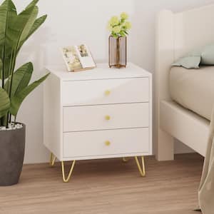 3-Drawer White Nightstands With Metal Legs, Side Table Bedside Table 21.6 in. H x 19.6 in. W x 15.7 in. D