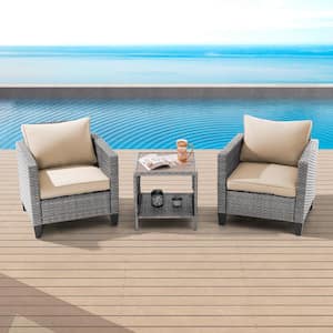 3-Piece Gray Wicker Patio Outdoor Single Sofa Set Set with Side Table Linen Flax Beige Cushion