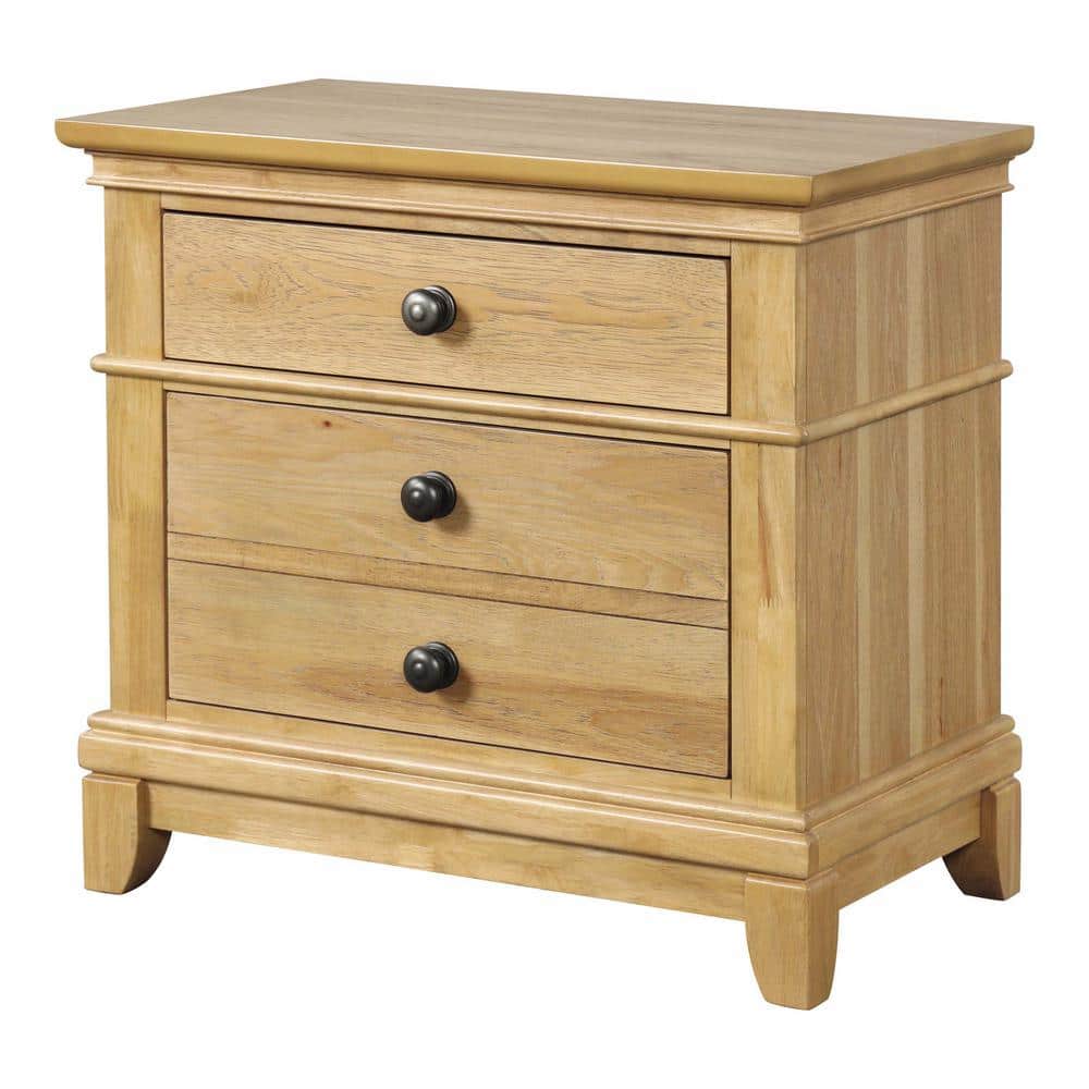 Natural Oak 2-Drawer Solid Wood Nightstand with Metal Knobs