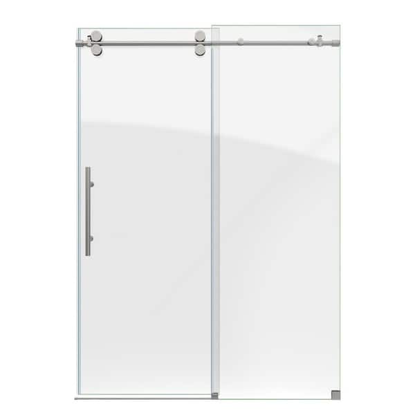 Enigma-XO 50-54 in. W x 76 in. H Fully Frameless Sliding Shower Door in Brushed Stainless Steel