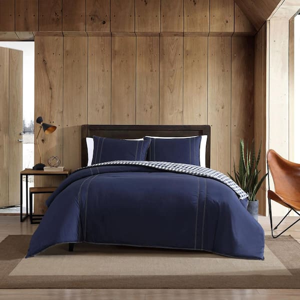 Eddie Bauer Kingston 2-Piece Navy Blue Plaid Reversible Solid Cotton Twin Comforter Set
