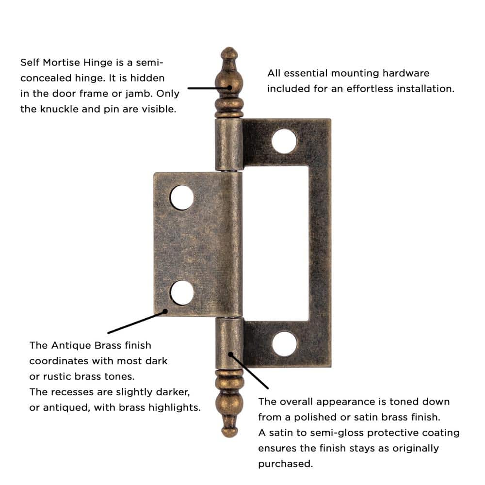 Antique Brass Self Mortise Cabinet Hinges, 2-Pack