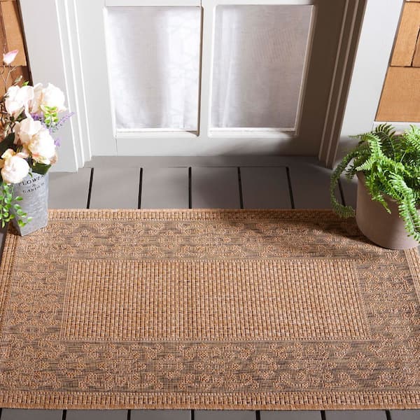 Courtyard Natural/Gold 2 ft. x 4 ft. Solid Color Floral Border Indoor/Outdoor Area Rug
