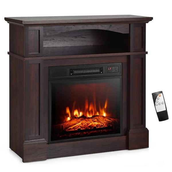 32 in. Freestanding Electric Fireplace with Mantel, 1400 W Heater with Remote Control and Adjustable Brightness in Brown