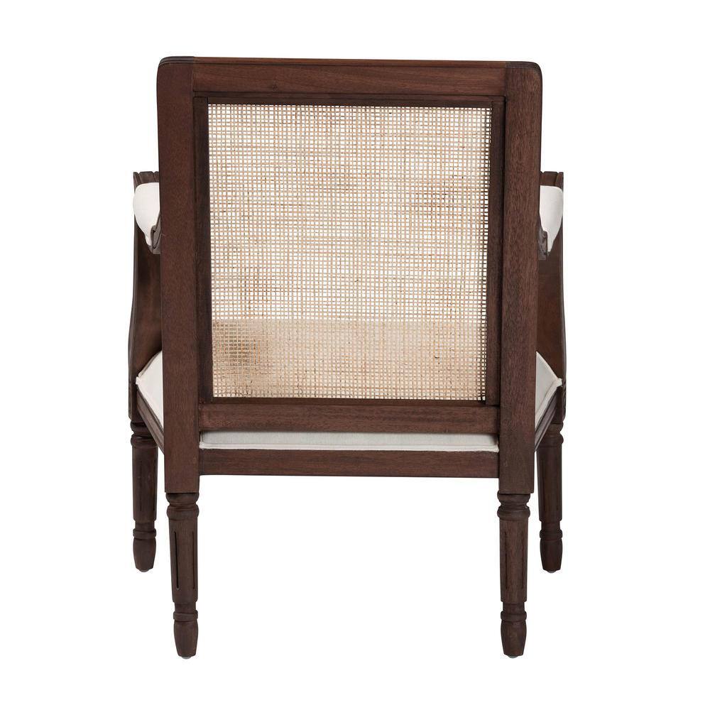 Traditional French Dark Brown Wood and Beige Fabric Accent Chair