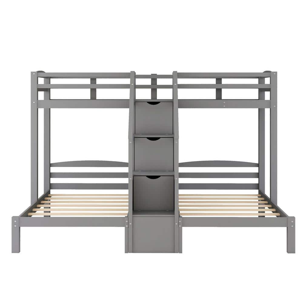ANBAZAR Gray Twin Over Twin and Twin Bunk Bed with Staircases Wooden