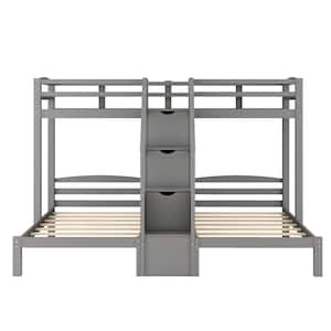 Gray Twin Over Twin and Twin Bunk Bed with Staircases Wooden Triple Bunk Beds with Drawers and Guardrail for 3-Kids