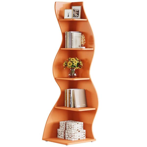 Eulas 69.8 in. Tall Orange Wood 5-Shelf Standard Bookcase Corner Bookshelf with Storage Shelf and Curvy Shape