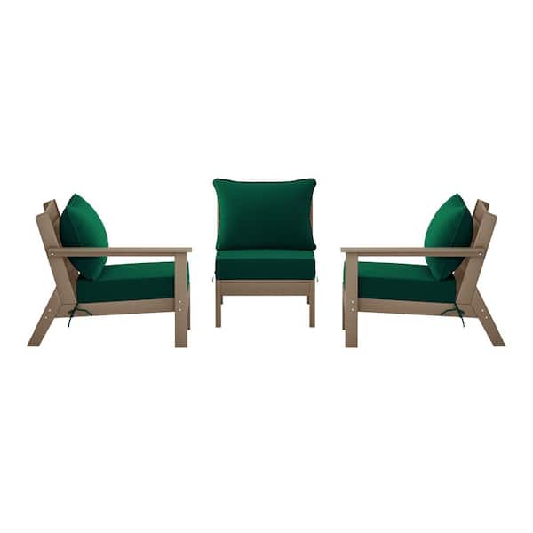 WESTIN OUTDOOR Birchwood Weathered Wood Arrangeable Outdoor Patio 3-Piece Deep Seating HDPE Sofa Arm Chair Set w/ Green Cushions